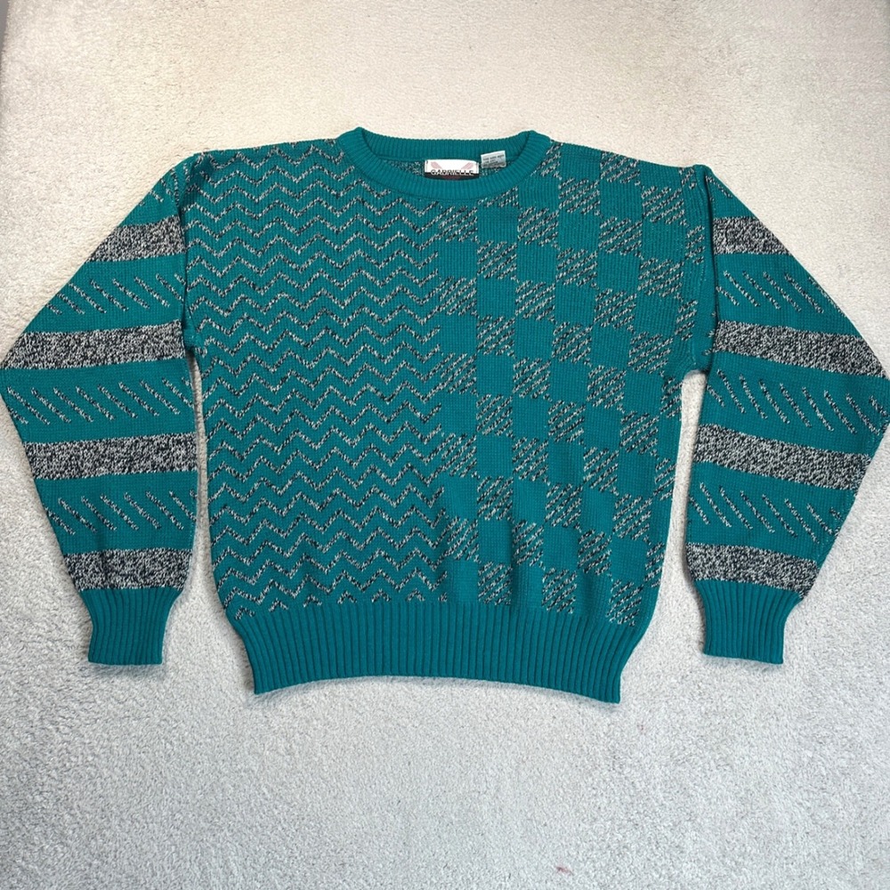 Vintage Gabrielle New York Sweater Womens M Teal Geometric Knit Acrylic 90s VTG